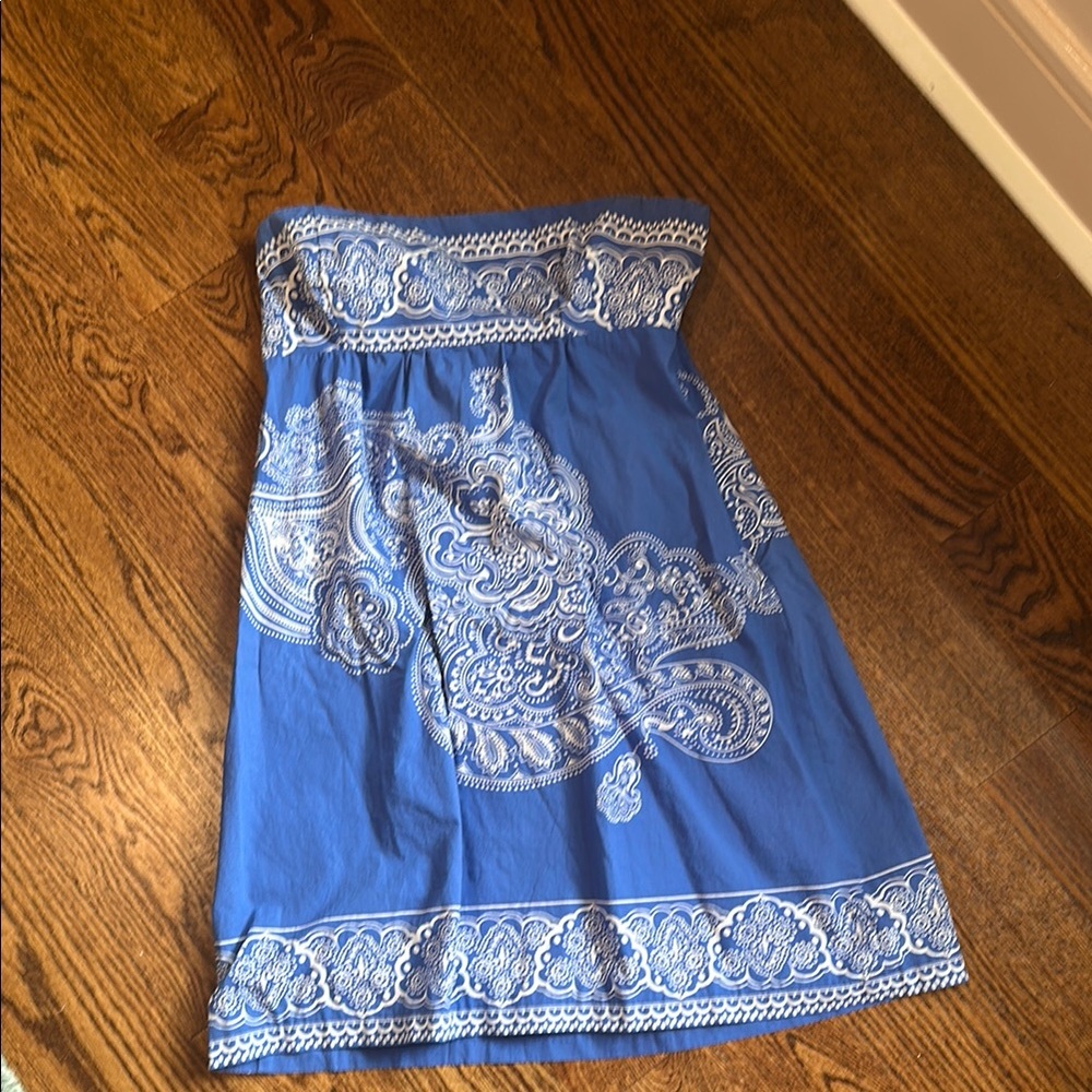 Blue and White Strapless Dress